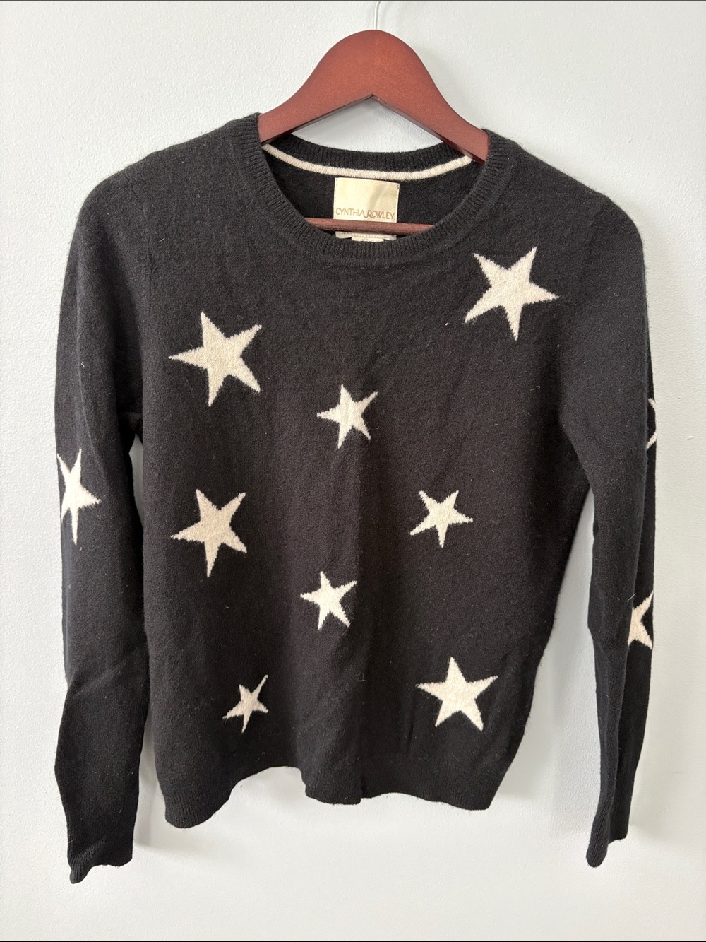 Cynthia Rowley Black Cashmere Crewneck Sweater with Cream Star Motif